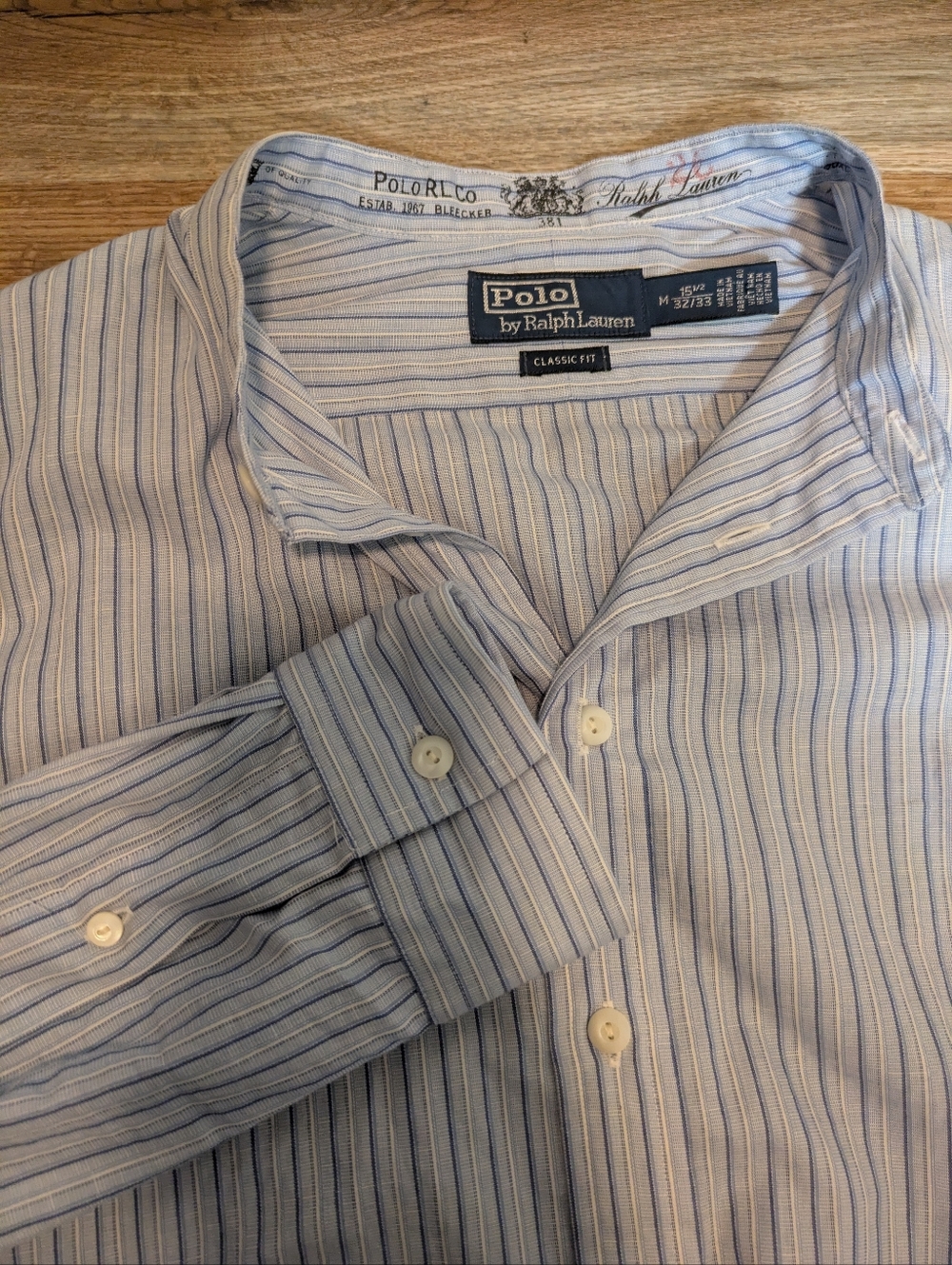 Polo Ralph Lauren Cotton Dobby Shirt Size 15.5  Neck Blue/White Vintage Stripe